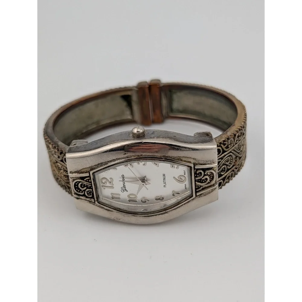 Geneva Platinum Silver Tone Watch Scroll Details‎ Open Cuff Bangle- New Battery